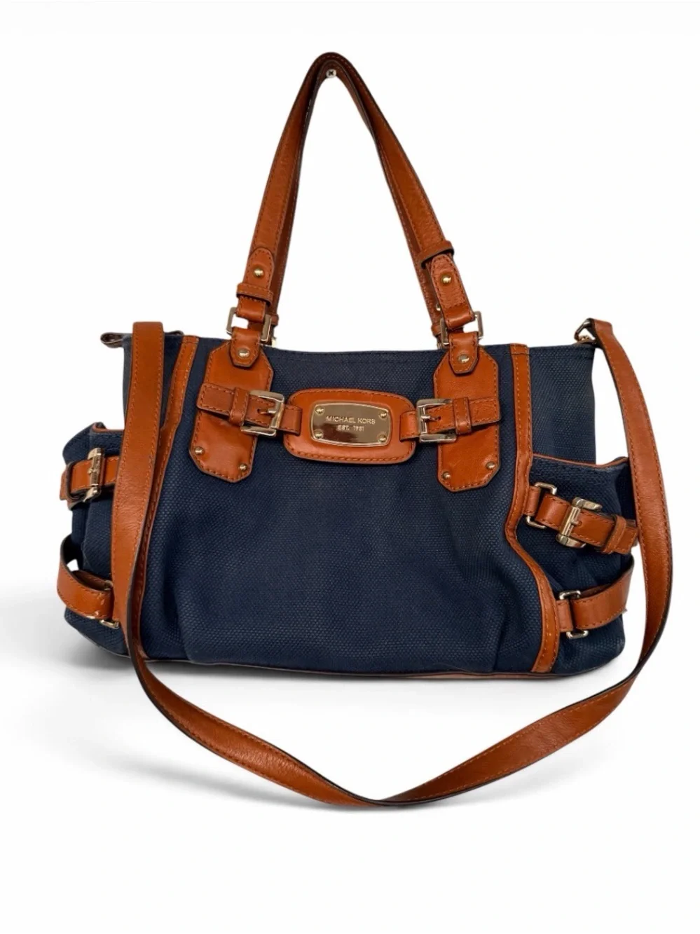 Michael Kors Navy and Brown Leather-Trim canvas doctor’s style Shoulder Bag
